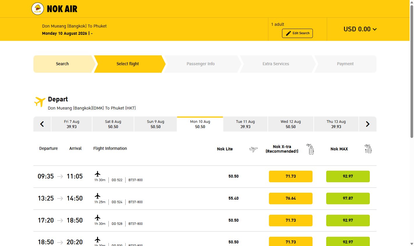 Результаты Nok Air: рейсы DMK — HKT (DD 522, DD 524) и три тарифа Nok Lite / Nok X-tra / Nok MAX в USD