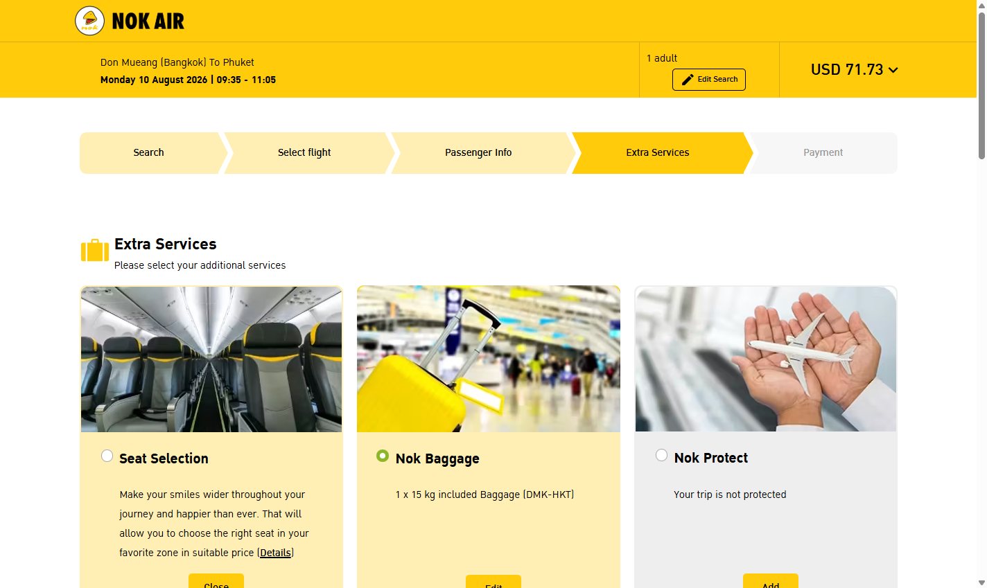 Дополнительные услуги Nok Air: выбор места, докупка багажа Nok Baggage и страховка Nok Protect