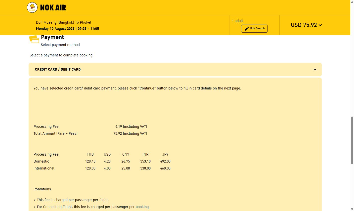 Оплата брони Nok Air: способ оплаты «Credit Card / Debit Card», сервисный сбор и итог к оплате в USD